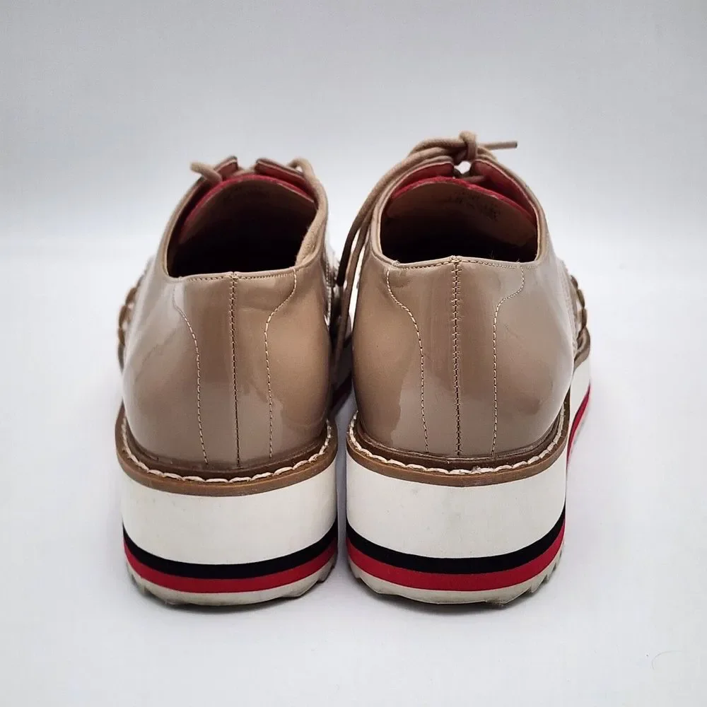 Zara Oxford Shoes Women's 38 / 7.5 Tan Nude Patent Leather  Platform‎ Lace